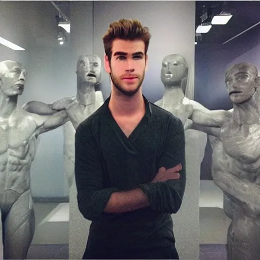 Image similar to “ a realistic detailed photo of a guy who is an attractive humanoid who is half robot and half humanoid, who is a male android, actor liam hemsworth, shiny skin, posing like a statue, blank stare, at the museum, on display ”