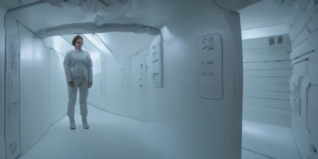 Image similar to a wide shot of Ripley sleeping inside an all-white room of cryogenic sleep chambers by Ridley Scott, Alien movie, grainy, bluish and cream tones