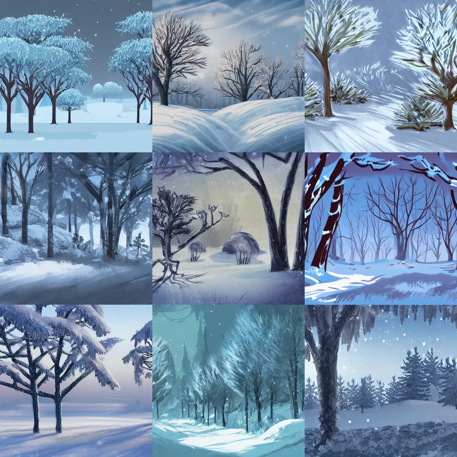 Prompt: a winter landscape with shrubs and trees on a clear day, in concept art style