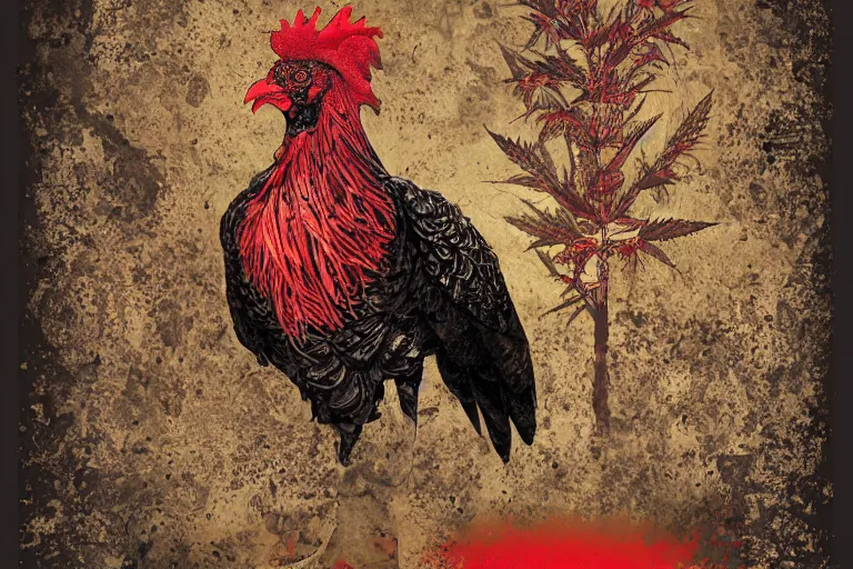 Image similar to dark military portrait of a majestic Fat!!!! Black Rooster, the King of rooster old decrepit tarot card, avian warrior, red gold black royal tarot card background, with blunt brown border and Cannabis trees, ultra-detailed pen and ink illustration, sharp focus, matte painting, symmetrical, golden ratio, cgsociety, concept art, 8k, octane render, artstation, art by Gerald Brom