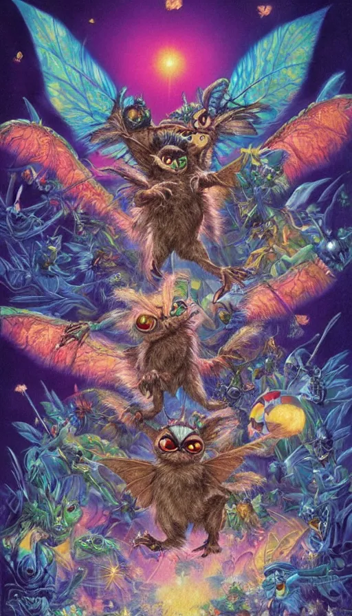 Image similar to gremlins vs mothra art by Noriyoshi Ohrai and Lisa Frank