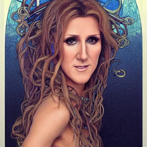 Prompt: amazing lifelike award winning pencil illustration of Celine Dion with many snakes for hair trending on art station artgerm Greg rutkowski alphonse mucha cinematic