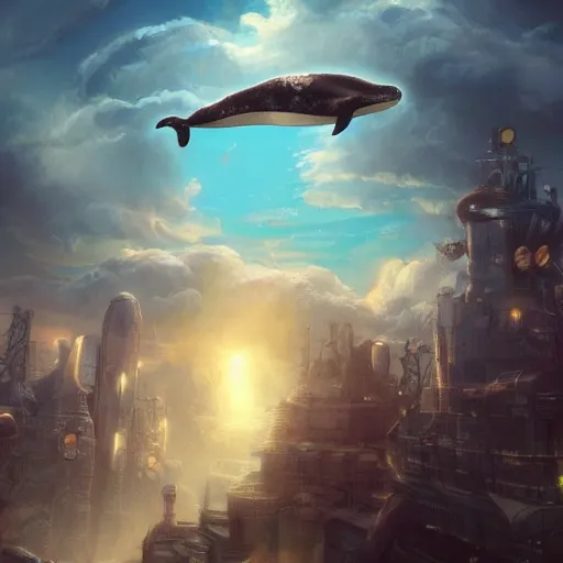 Image similar to A huge whale flying in the clouds above a steampunk mega city, golden lighting, artstation