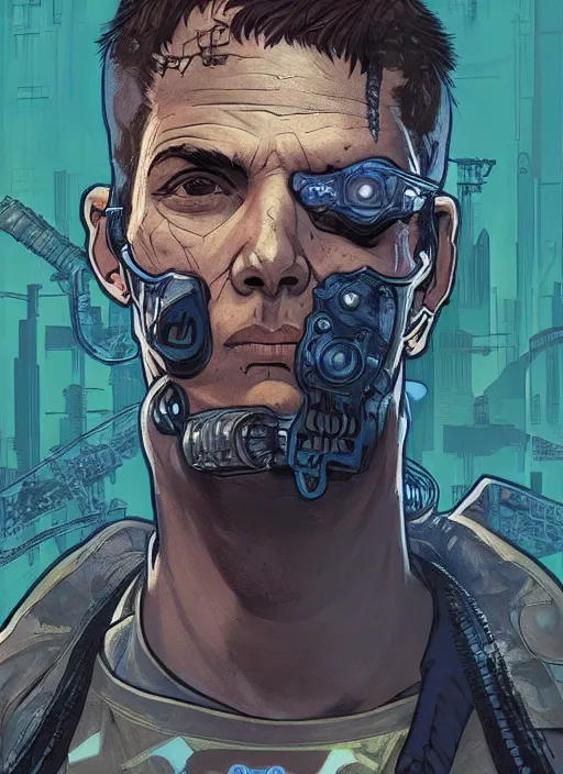 Image similar to cyberpunk mob enforcer. portrait by ashley wood and alphonse mucha and laurie greasley and josan gonzalez and james gurney. splinter cell, apex legends, rb 6 s, hl 2, d & d, cyberpunk 2 0 7 7. realistic face. character clothing. vivid color. dystopian setting.