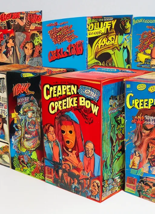 Prompt: a box of creepshow ( 1 9 8 2 ) cereal, 1 9 8 0's, highly detailed