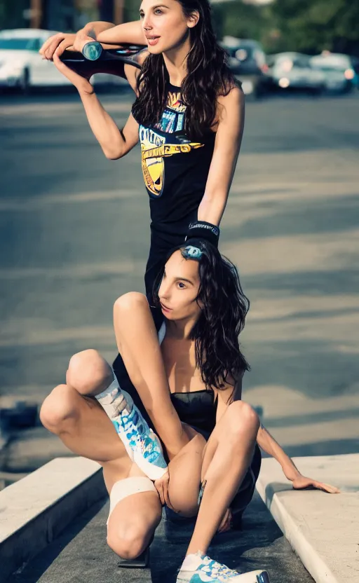 Image similar to gal gadot as a skateboarder, nikon 3 5 mm portrait photography