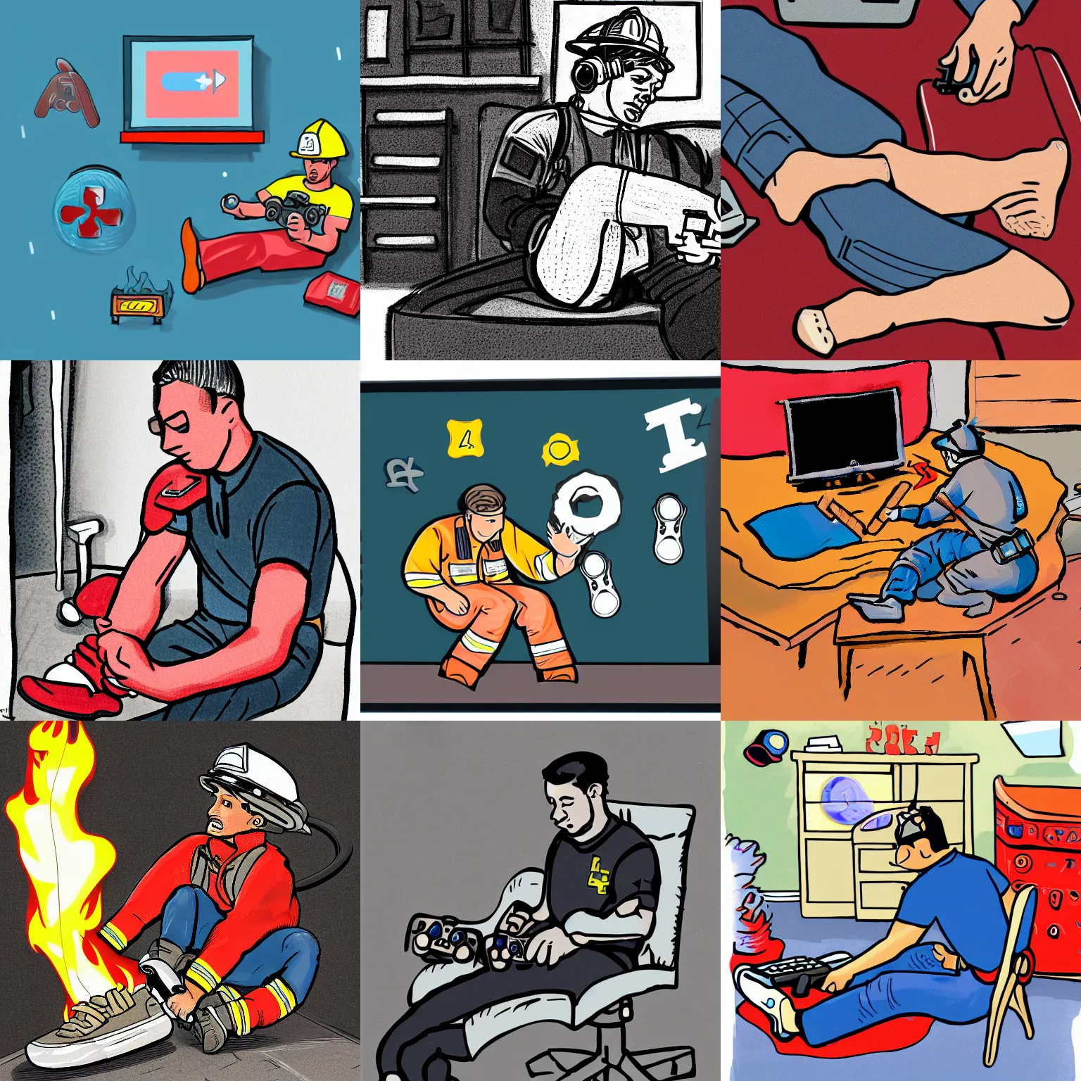 Prompt: detailed illustration of a fireman is playing Playstation, his foot is in a cast