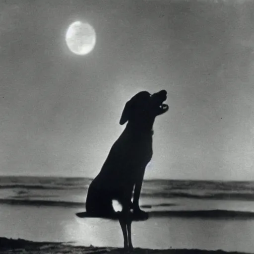 Image similar to an early 1 9 0 0 s photograph of a luminescent black dog levitating high over the beach, magical orbs, moonlight, nighttime