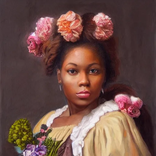 Prompt: beautiful brown skinned woman, with pigtails, holding flowers, hyper realism, muted colours, rococo, portrait