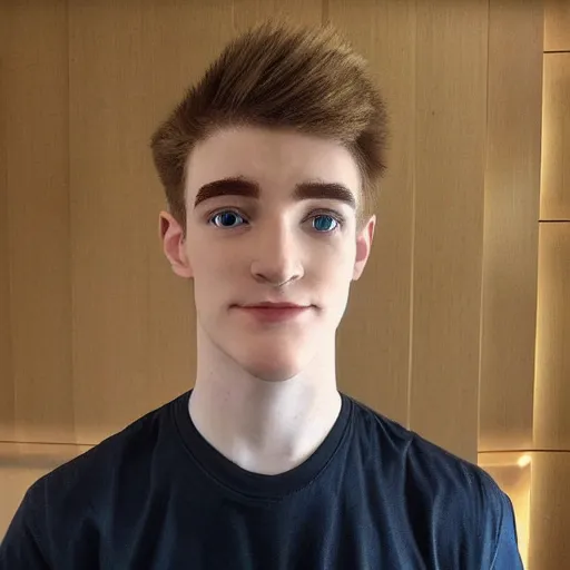 Image similar to “a realistic detailed photo of a guy who is an attractive humanoid who is half robot and half humanoid, who is a male android, twitch streamer Ninja Tyler Blevins, shiny skin, posing like a statue, blank stare, displayed”