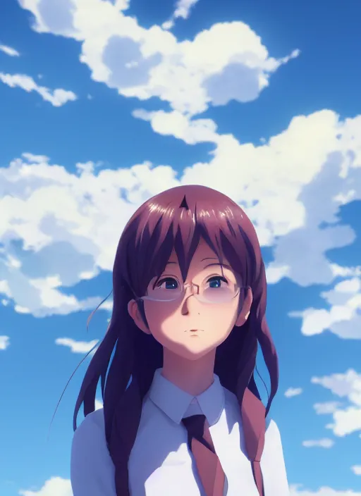 Image similar to A centred portrait anime girl with a sky background, rendered by Makoto Shinkai, syd meade, environment concept, digital art, trending on artstation, low level, 4K UHD image, octane render
