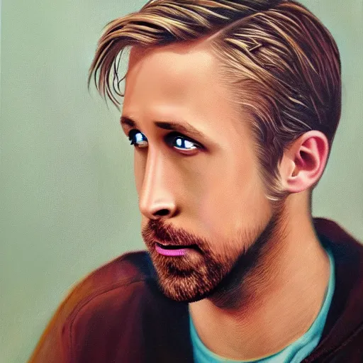 Image similar to ryan gosling portrait in detail in oil using block colour by james jean,