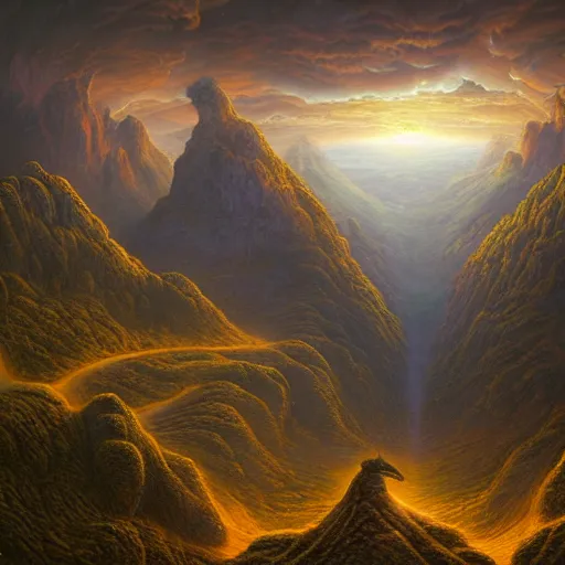 Image similar to of an impossible landscape with a infinite multi dimension portal, a beautiful ultradetailed matte painting of Quetzalcoatl flying over a lush mountain range at dusk by tomasz alen kopera and Justin Gerard and Dan Mumford, tarot card, dazzling energy, ultra wide angle shot, high angle shot, intricate, fractal magic, rays of god, hyperdetailed, micro details, volumetric lighting, 8k, ray tracing, polarized lens