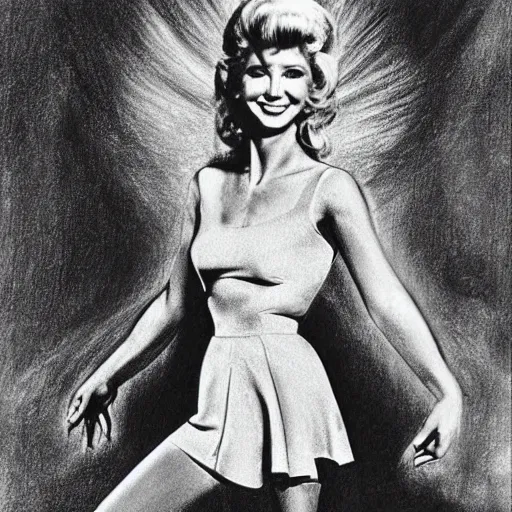 Image similar to Olivia Newton-John as Sandy from Grease (1978), smiling, pencil drawing. El Greco, Remedios Varo, Salvador Dali, Carl Gustav Carus, John Atkinson Grimshaw. Blue tint. Symetrical, logo, geometric shapes.