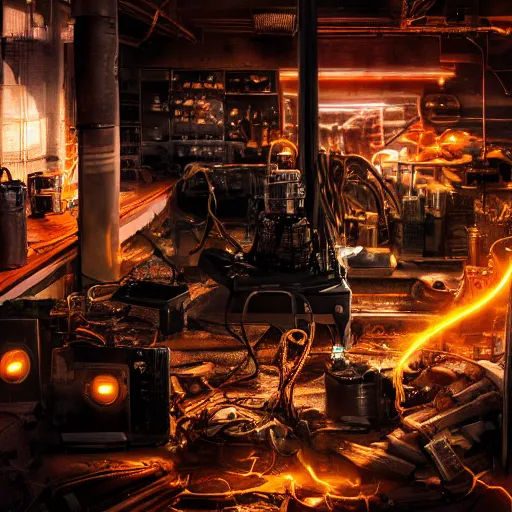 Image similar to smoothie blender, tangles of metallic cables, dark messy smoke - filled cluttered workshop, dark, dramatic lighting, orange tint, sparks, plasma charges, cinematic, highly detailed, sci - fi, futuristic, movie still