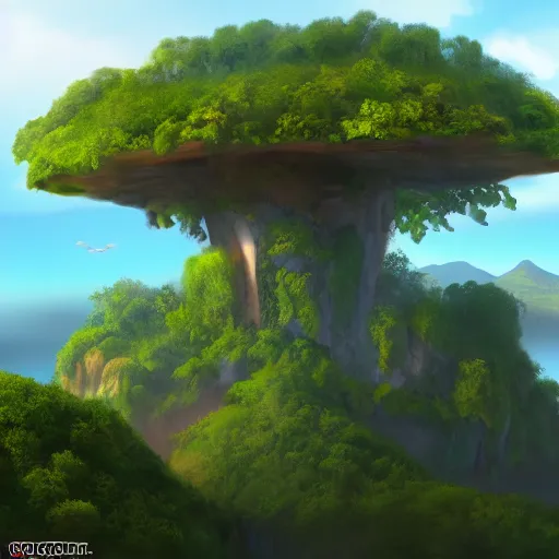 Prompt: Flying island with stone tower and a lot of jungle trees , 8k, detailed, concept art, trending on artstation