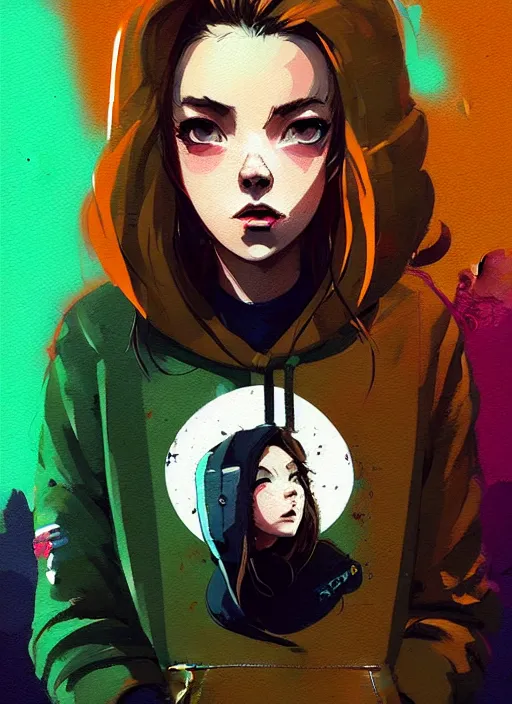 Image similar to highly detailed portrait of a cloudpunk young seattle lady, tartan hoody, by atey ghailan, by greg rutkowski, by greg tocchini, by james gilleard, by joe fenton, by kaethe butcher, gradient green, brown, blonde crea, orange, brown and white color scheme, grunge aesthetic!!! ( ( graffiti tag wall background ) )