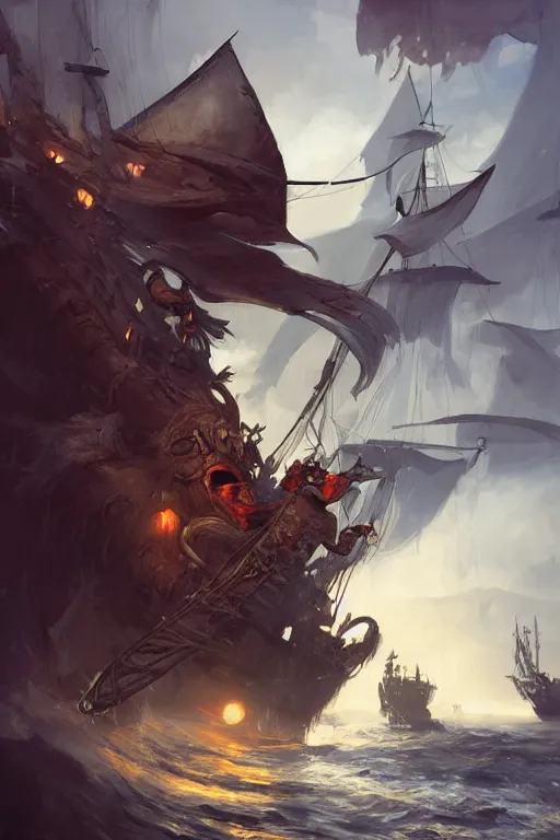 Image similar to a professional digital painting of a monster pirate with many jaws, full body, concept art, sharp detail, focused, illustration, smooth render, pirate ship in background, art style by Ruan Jia and Mandy Jurgens and Ian Spriggs and William-Adolphe Bouguerea