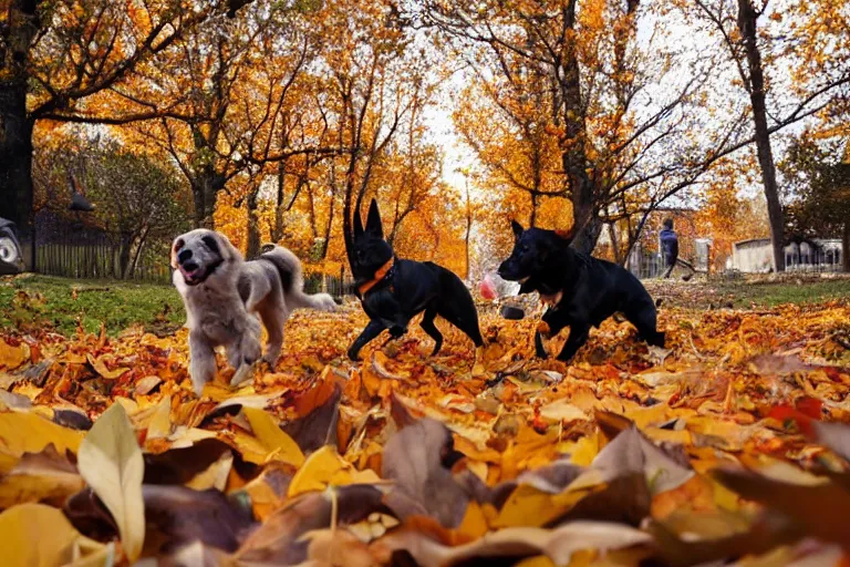 Image similar to dogs playing in autumn leaves