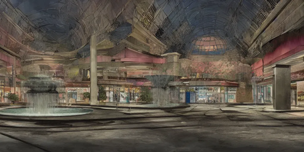 Image similar to abandoned mall at night, a fountain in the middle, subtle wear - and - tear, anime!, award - winning digital art