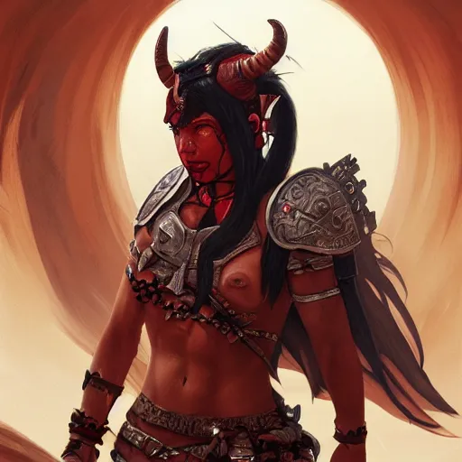 Prompt: portrait of a strong fierce female berber tiefling barbarian with red skin, devil horns and black hair in a ponytail wearing a steel chestplate in a desert, fantasy, highly detailed, digital painting, artstation, concept art, character art, art by greg rutkowski, tyler jacobson, alphonse mucha, ross tran and makoto shinkai