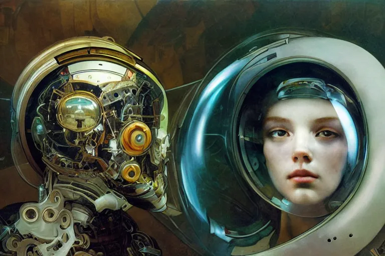 Prompt: portrait of a biomechanical head inside a futuristic space helmet, vintage transistors, white metal, iridescent visor, art by Ruan Jia and Alphonse Mucha,