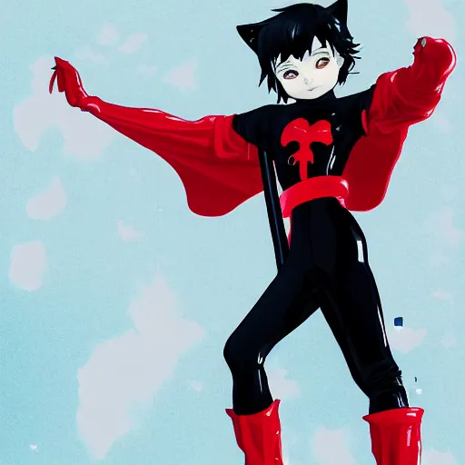 Prompt: little boy with cat ears in an black latex suit with red cape. digital artwork made by lois van baarle and kentaro miura, sharpness focus, inspired by hirohiko araki, anatomically correct, heroic composition, hero pose, mobile wallpaper