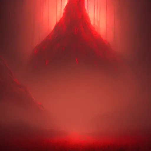 Image similar to Landscape Painting of a mysterious gigantic creature standing in thick red fog, glowing yellow eyes staring through the mist, blood dripping, horror, creepy, unsettling, artstation, cgsociety, masterpiece,