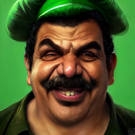 Image similar to hyper realistic, realistic - anime, portrait, beautifully rendered, luis guzman as luigi wearing green, smirking deviously, luigi, luigi's nose, painted by jan van eyck, greg rutkowski, wlop, artgerm, dishonored 2,