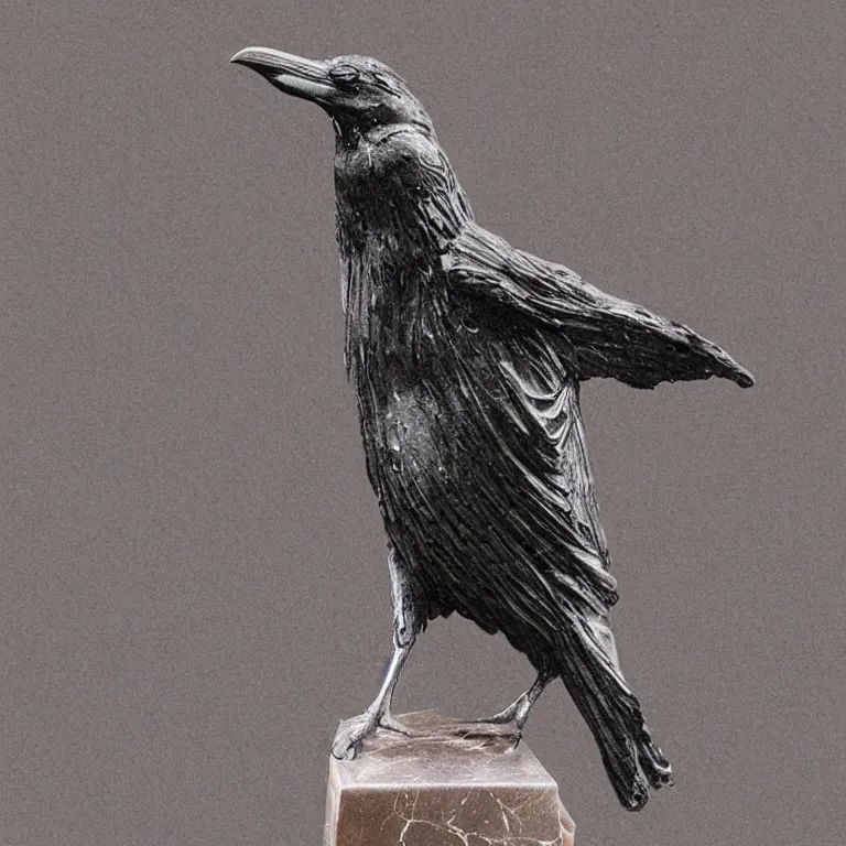 Image similar to photo of a intricately detailed marble statue of raven bird by leonardo davinci