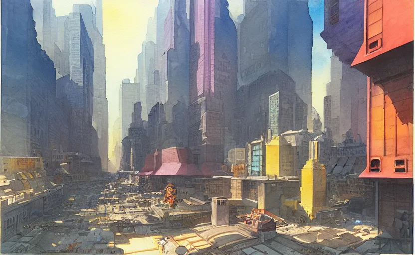 Prompt: square city, colorful watercolor. by rembrant, battle angel alita, ralph mcquarrie, aluminum, 1 6 6 7