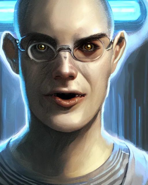 Prompt: An epic fantasy comic book style portrait painting of a !young man in a laboratory, very expressive, buzz cut gray hair, round face, wearing a shirt with horizontal stripes, handling laboratory equipment, character design by Mark Ryden and Pixar and Hayao Miyazaki, unreal 5, DAZ, hyperrealistic, octane render, cosplay, RPG portrait, dynamic lighting, intricate detail, summer vibrancy, cinematic