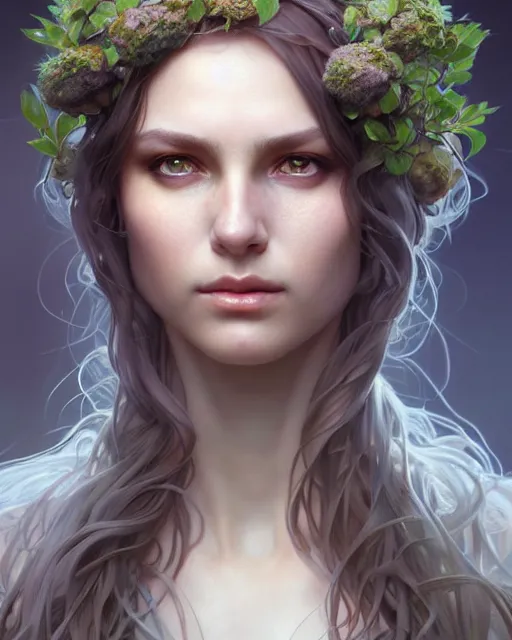 Image similar to beautiful female druid, portrait, fantasy, young, correct eyes proportion, hyperealistic eyes, detailed, intricate, leaves and simple cloth, global lighting, digital art, digital painting, oil art, artstation, wlop, illustration, art by artgerm and greg rutkowski and alphonse mucha, 8 k