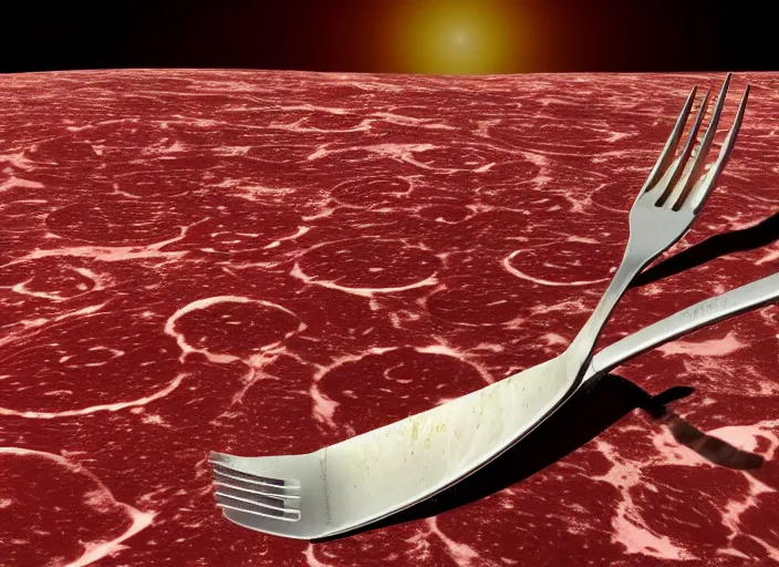 Prompt: NASA's Culinarity rover probes the surface of the meat planet with knives and forks, high resolution space probe photograph from the surface of a newly discovered planet made of pork