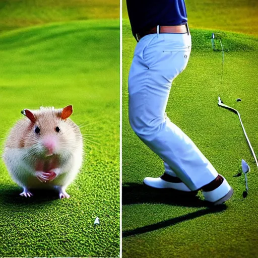 Image similar to “ hamster coming out of a golf hole as a man hits the golf ball ”