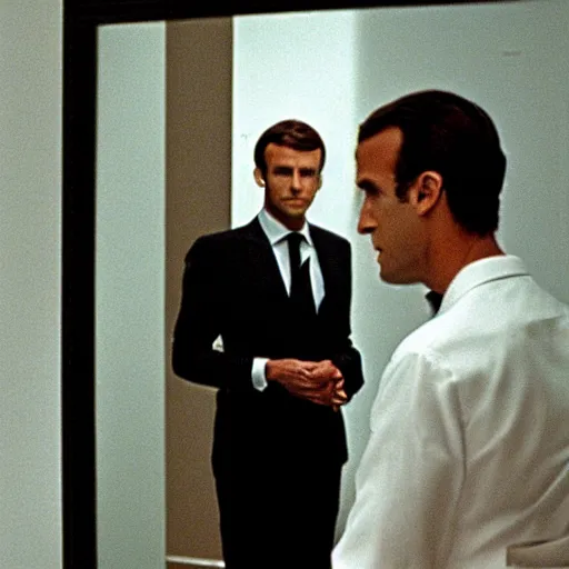 Image similar to Emmanuel Macron reflections in the mirror in American Psycho (1999)