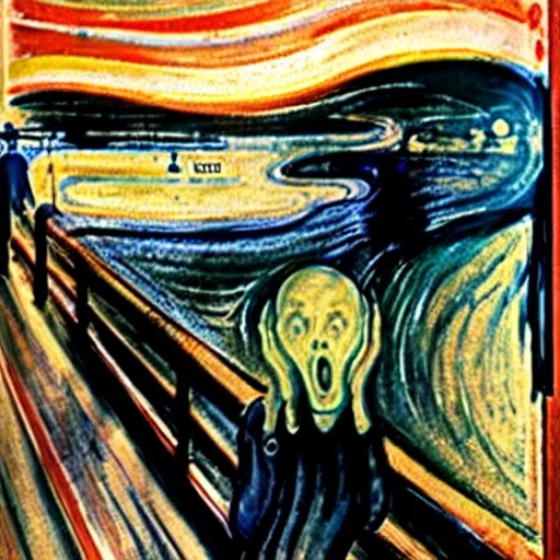 Image similar to the scream by edvard munch, japanese landscape in background, digital painting, high resolution