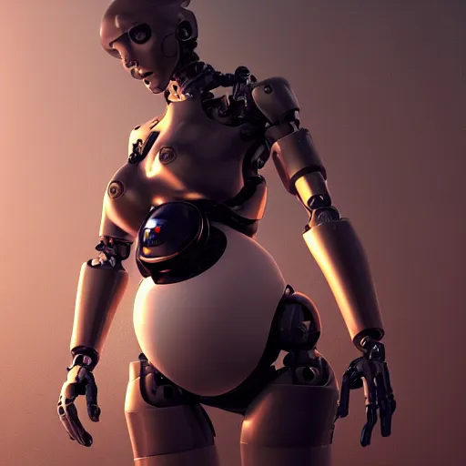 Image similar to pregnant female cyborg, robot anatomy elements, female body elements, cozy atmospheric and cinematic lighting, ultra rendered extreme realism and detail, 8 k, linear gamma, dynamic pose, dissolution filter, turbulence filter, sophisticated composition, old masters light composition, procedurally generated, pbr, photorealistic, sharp focus