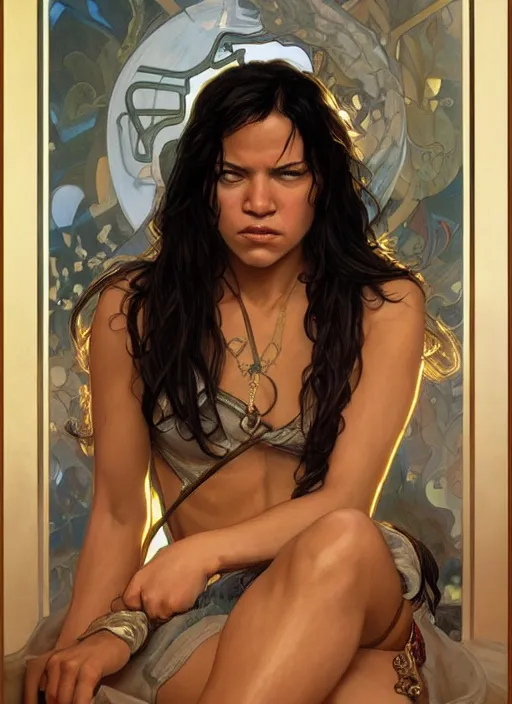 Image similar to Michelle Rodriguez as feisty latino woman, tasteful portrait, intricate, elegant, highly detailed, centered, digital painting, artstation, concept art, smooth, sharp focus, illustration, art by artgerm and donato giancola and alphonse mucha