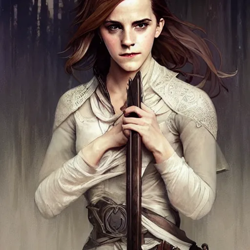 Image similar to emma watson as a rogue, d & d, fantasy, intricate, elegant, highly detailed, digital painting, artstation, concept art, matte, sharp focus, illustration, art by greg rutkowski and alphonse mucha