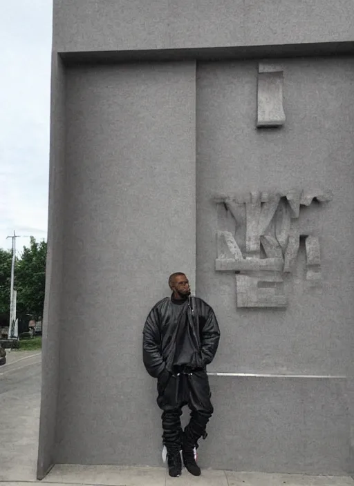 Image similar to Kanye West standing in front of the entrance to Huta Katowice, big Huta Katowice text over the entrance, iPhone photo