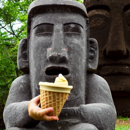 Image similar to a very upset and crying kid holding an ice cream cone but the ice cream is replaced with a small moai statue, 4 k photograph