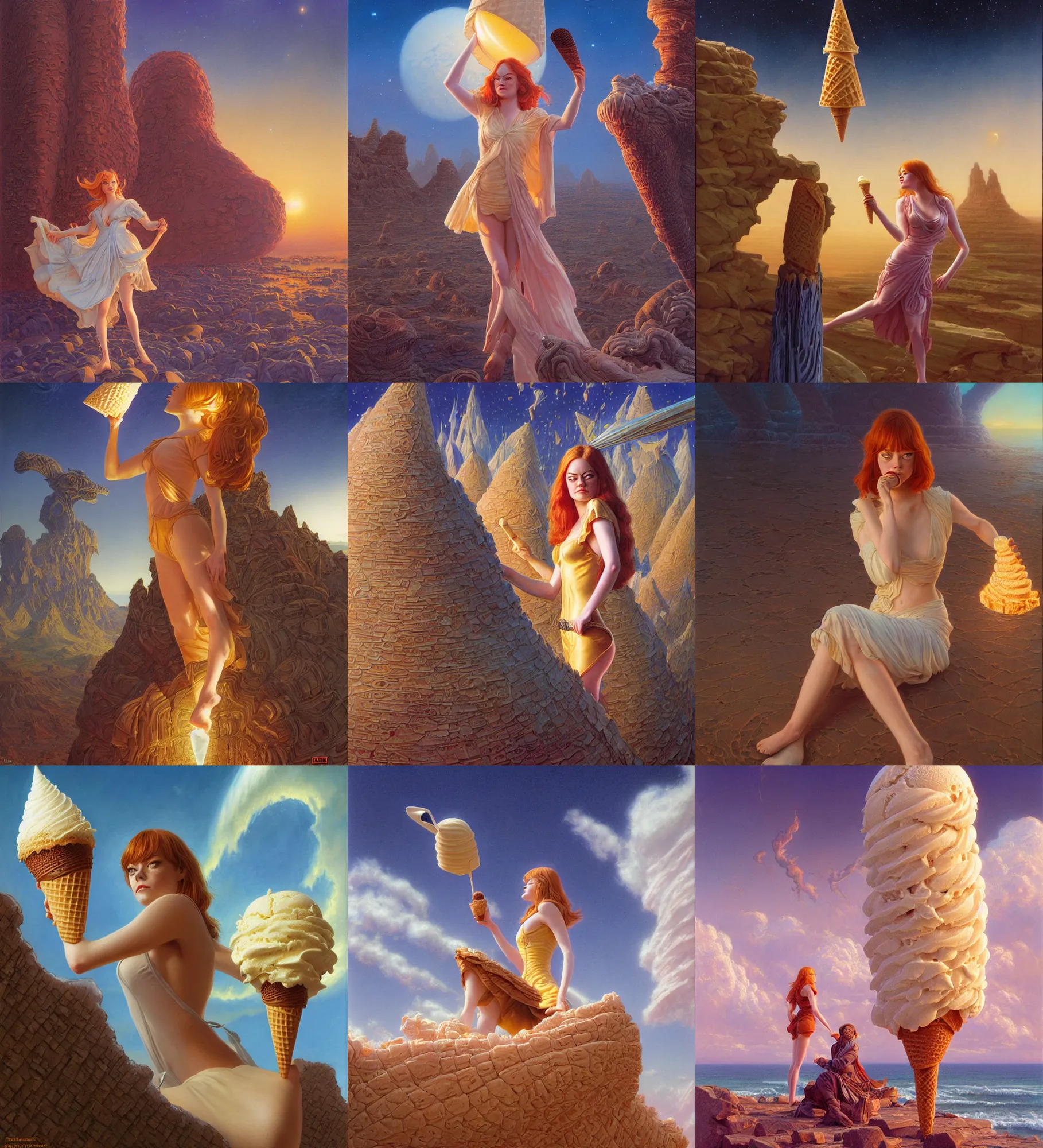 Prompt: an ice cream cone but emma stone, epic composition, 2 0 0 mm focal length, donato giancola, tim hildebrandt, wayne barlow, bruce pennington, larry elmore