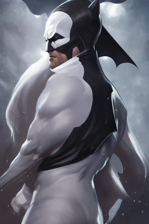 Image similar to characters portrait of MoonKnight mixed with Batman by ArtGerm and Tom Bagshaw, merged character, full-shot, 4k, highly detailed, cinematic lighting