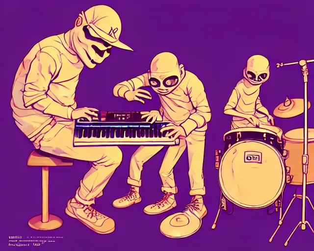Image similar to a study of cell shaded cartoon of a two man band playing a microKorg synthesizer and drums, subtle colors, post grunge, concept art by josan gonzales and wlop, by james jean, Victo ngai, David Rubín, Mike Mignola, Laurie Greasley, highly detailed, sharp focus, Trending on Artstation, HQ, deviantart, art by artgem