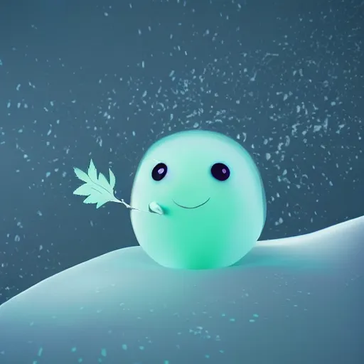 Image similar to a portrait of a mochi cannabis leaf snowball cute friendly character snowboarding in a gelatinous australian ❄ environment 3 d rendered in octane, by eyvind earle