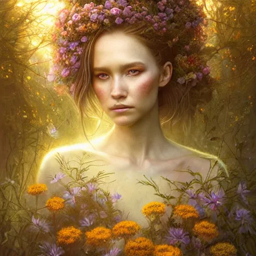 Prompt: Captivating Fairy portrait, flowers, forest, atmospheric lighting, painted, intricate, golden hour, ultra detailed by Leesha Hannigan, Ross Tran, Thierry Doizon, Kai Carpenter,Ignacio Fernández Ríos