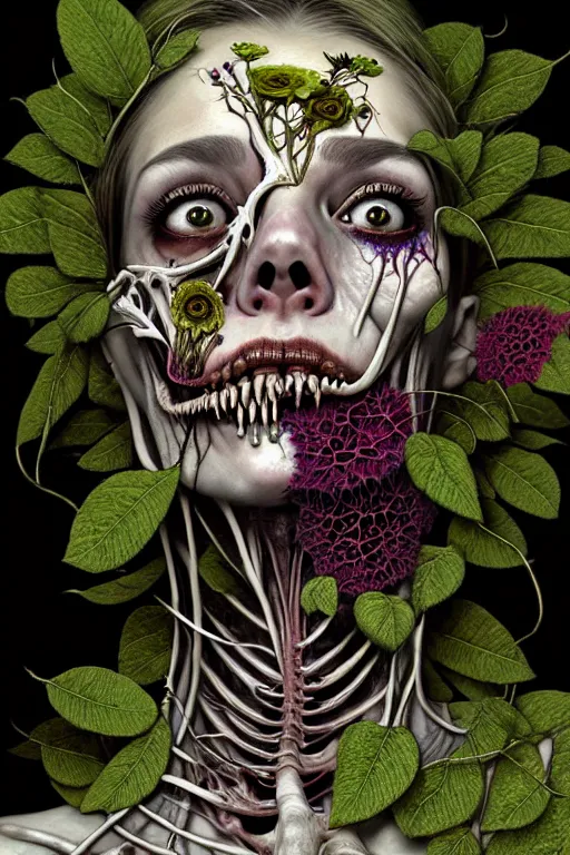 Image similar to very sad and detailed rotten woman corpse with fractal plants and fractal flowers growing around her face muscles, veins, arteries, bones, anatomical, skull, eye, ears, intricate, ornate, surreal, ray caesar, john constable, guy denning, dan hillier