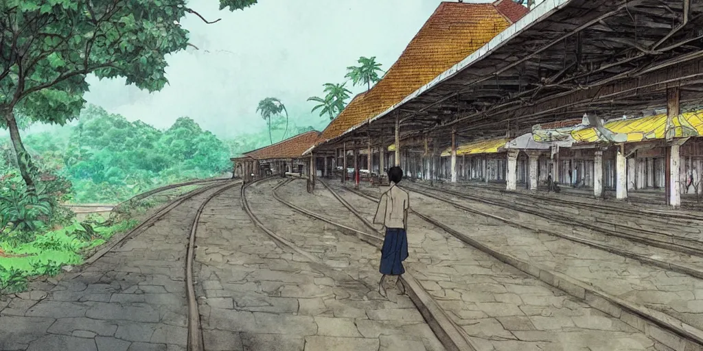 Image similar to sri lankan train station, drawn by hayao miyazaki