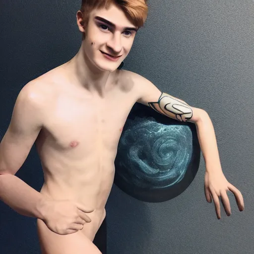 Image similar to “a realistic detailed photo of a guy who is an attractive humanoid who is half robot and half humanoid, who is a male android, twitch streamer Ninja Tyler Blevins, shiny skin, posing like a statue, blank stare, streaming”